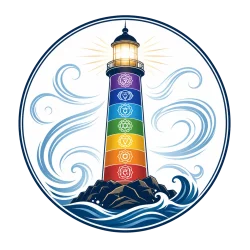 Logo du Réseau Inspiration Zen représentant un phare dont le corps reprend les 7 couleurs des chakras ainsi que leurs symboles.