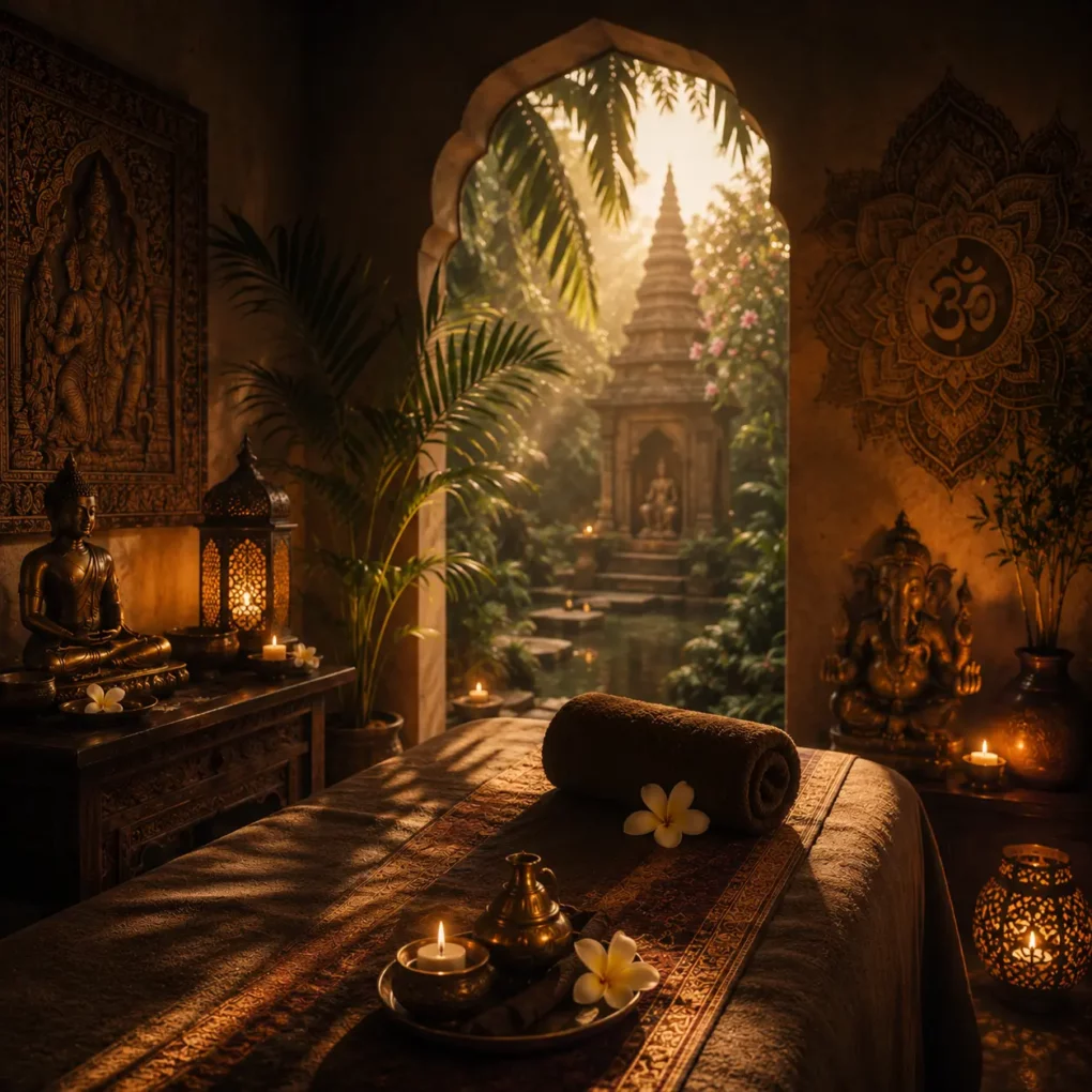 Ambiance chaleureuse et apaisante autour d’une table de massage