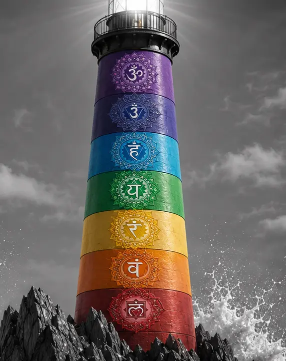 Corps multicolore du phare Inspiration Zen représentant les sept chakras et l’évolution