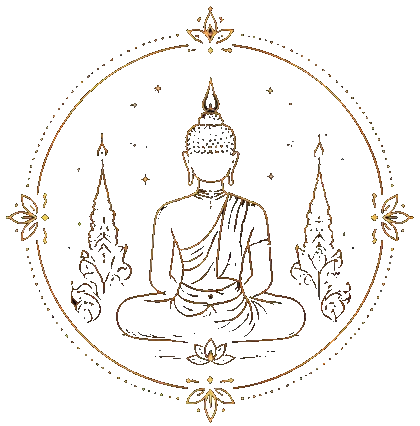 Icone d'illustration qui représente la silhouette d'un bouddha de style thailandais en train de méditer dans la position du lotus.