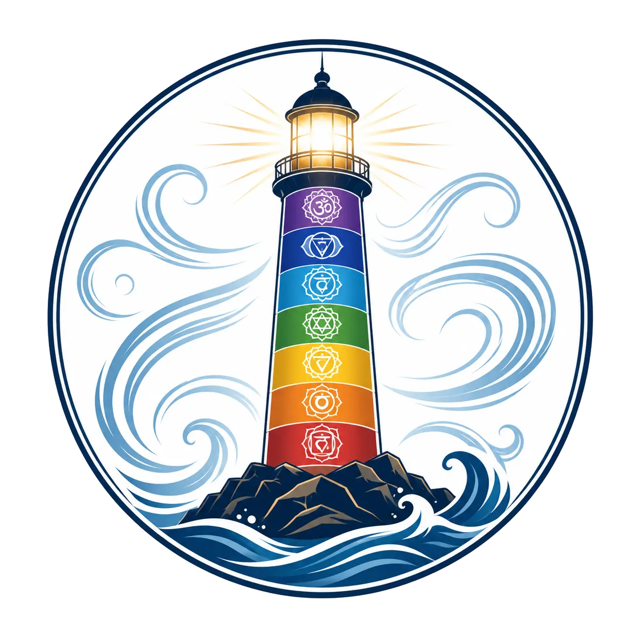 Logo du Réseau Inspiration Zen représentant un phare dont le corps reprend les 7 couleurs des chakras ainsi que leurs symboles.
